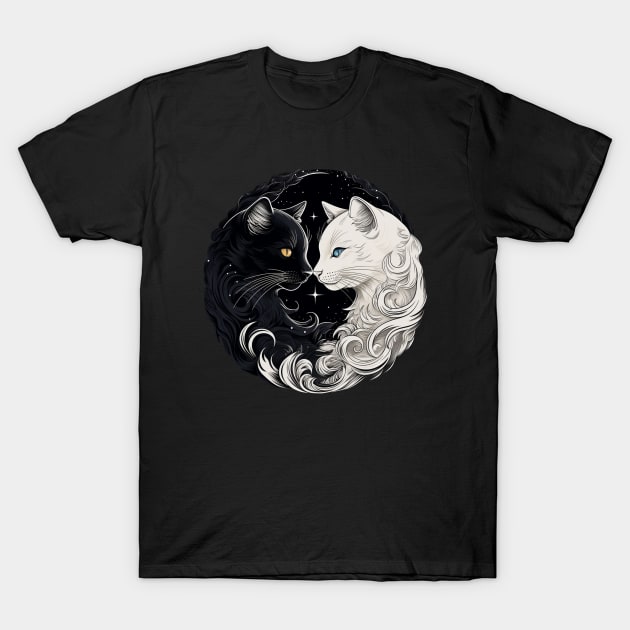 Cat Yin Yang: Feline Balance in Black & White T-Shirt by YUED